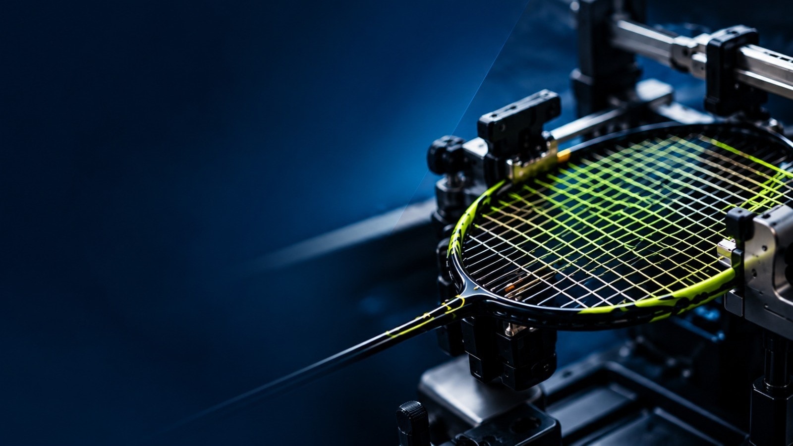 A badminton racket with lime-green strings mounted on a stringing machine