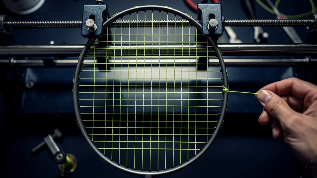 A badminton racket clamped on a stringing machine while lime-green string is woven through the frame